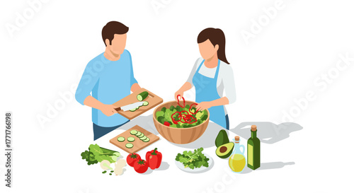 Couple preparing fresh salad in kitchen isometric cooking scene with vegetables and ingredients