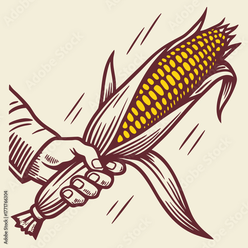 Hand Holding Fresh Ear of Corn Vintage Rough Woodcut Engraving Linocut Style Vector Illustration

