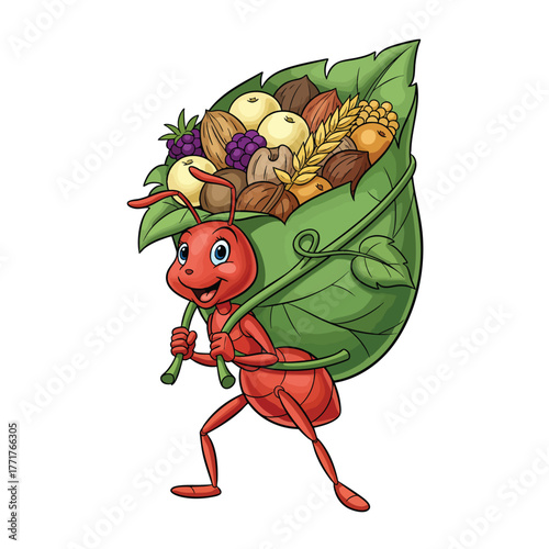 Smiling red cartoon ant carrying a large green leaf sack filled with nuts berries and grains.