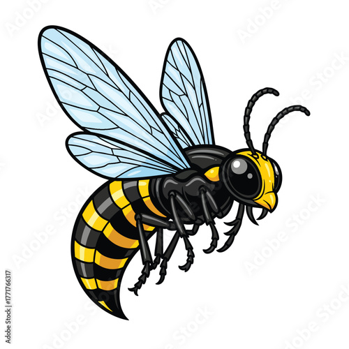 Stylized cartoon wasp illustration with bold black outlines yellow stripes and translucent blue wings in a flying pose.