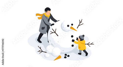 Father and child building snowman in winter isometric scene