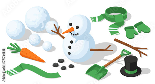 Winter scene with snowman, snowballs, and winter accessories in isometric style