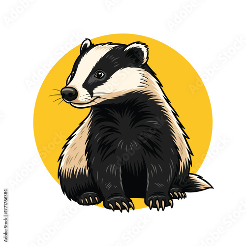 Stylized illustration of a seated European badger with black and white striped face and thick shaggy fur.