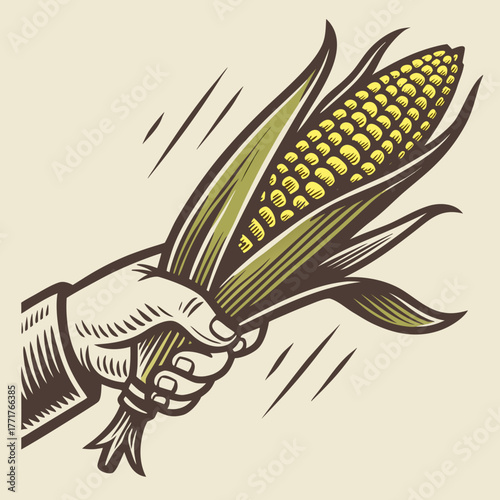 Hand Holding Fresh Ear of Corn Vintage Rough Woodcut Engraving Linocut Style Vector Illustration
