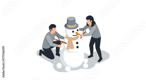 Isometric winter fun building a snowman together in the snow