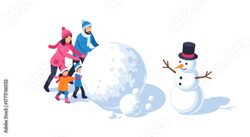 Family enjoying winter fun building giant snowball with snowman nearby
