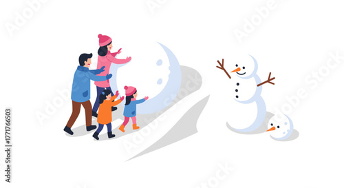 Family building snowman together in winter, isometric style