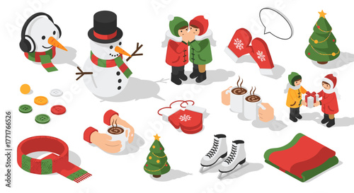 Cozy winter isometric christmas elements with snowman, skating, and hot chocolate