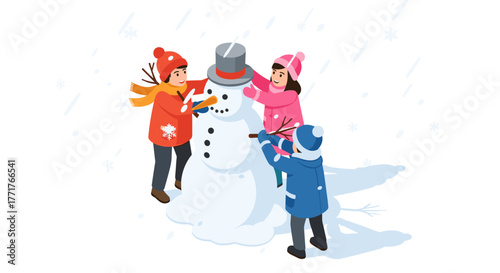 Children building a snowman in winter wonderland scene