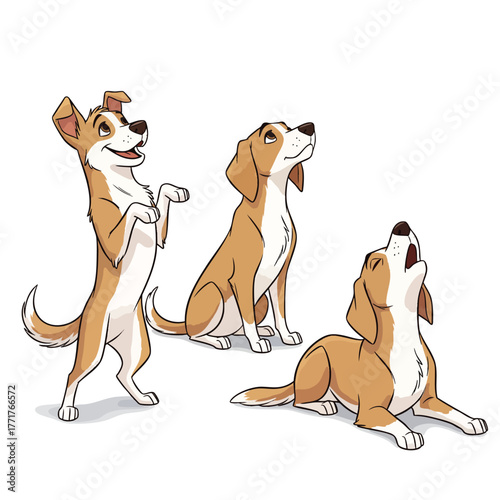 Trio of expressive cartoon beaglelike dogs in various playful and attentive poses.