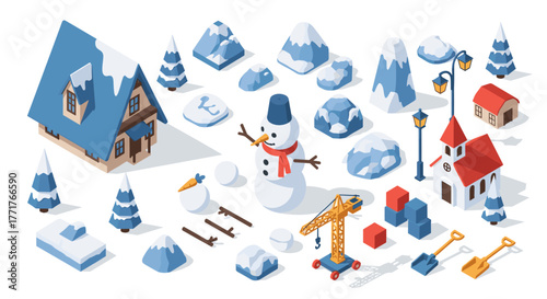 Winter wonderland isometric set with snowman, houses, and trees