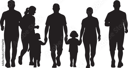 Stylized silhouettes of a diverse family walking together outdoors in a natural landscape with trees and open sky