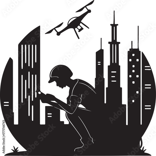 Silhouette of a humanoid robot repairing a flying drone under city lights