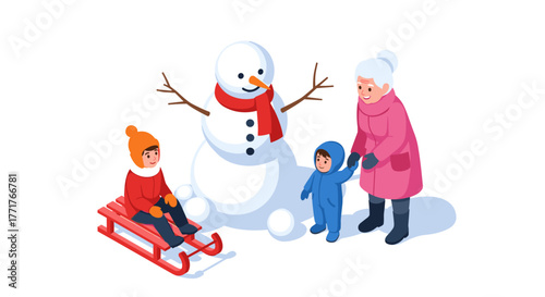 Family enjoying winter fun with snowman and sledding in isometric style