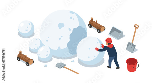 Isometric winter scene with snowballs and toys playful preparation for snowman building