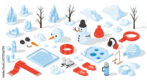 Isometric winter elements set snowman, trees, ice rink, and winter accessories