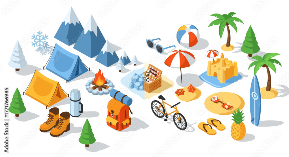 Fototapeta premium Seasonal outdoor adventures camping and beach fun isometric art