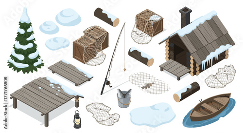 Winter wilderness elements with snowcovered cabin, fishing gear, and pine tree in isometric style