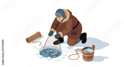 Ice fishing scene with fisherman catching fish on frozen lake in winter attire