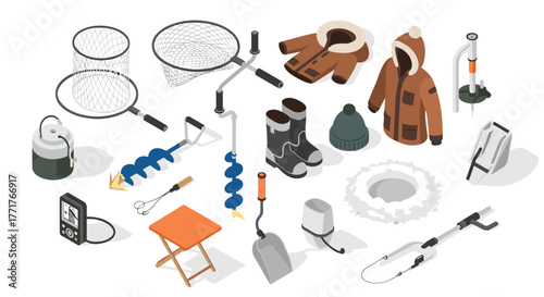 Essential gear for ice fishing in winter isometric style
