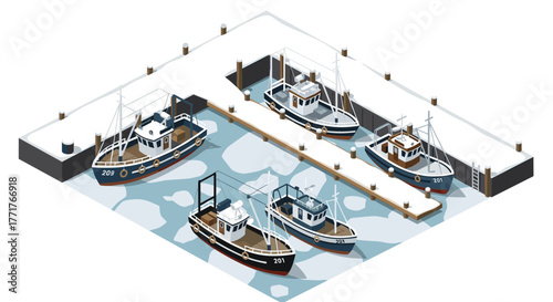 Isometric winter harbor scene with fishing boats and snowcovered docks