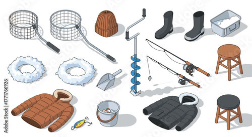 Isometric winter fishing gear essentials ice fishing rods, augers, and warm clothing