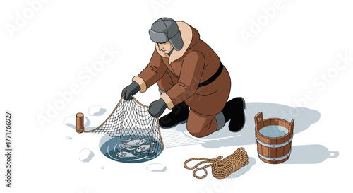 Fisherman catching fish through ice hole in winter scene