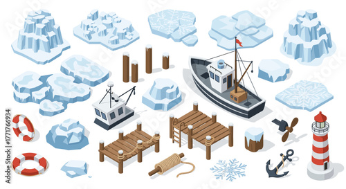 Winter harbor elements with fishing boat and lighthouse in isometric style