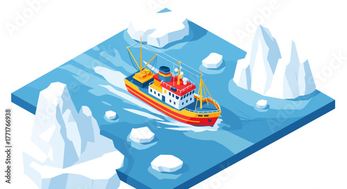 Colorful fishing boat navigates arctic waters in isometric iceberg scene