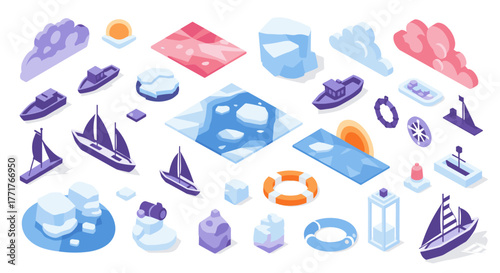 Isometric nautical and ocean elements with icebergs, boats, and clouds