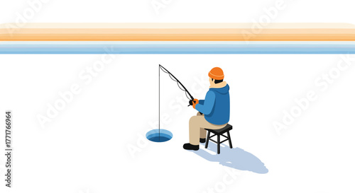 Man ice fishing on frozen lake in winter with blue sky