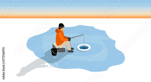 Winter ice fishing scene with fisherman in orange jacket on frozen lake