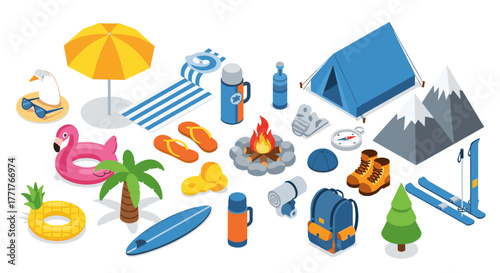 Isometric camping and beach essentials with summer and adventure icons