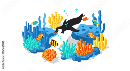 Colorful underwater scene with penguin and coral reefs in isometric style
