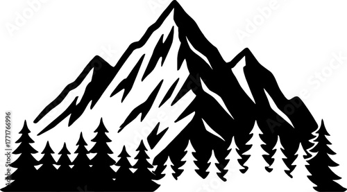 Mountain peak with pine trees in black and white