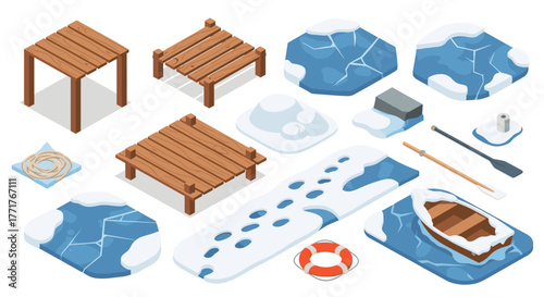 Isometric winter dock elements with frozen lake and wooden structures