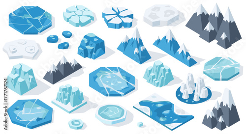 Isometric winter landscapes with icebergs and snowy mountains