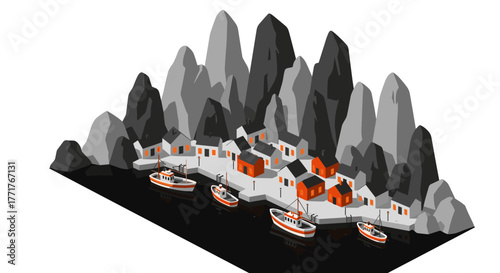 Isometric coastal village scene with boats and rocky mountains in geometric style