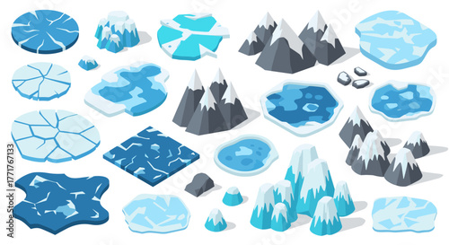 Ice and snow elements set with mountains and frozen lakes for design projects