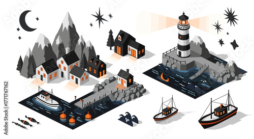 Coastal village scene with lighthouse in isometric style at night