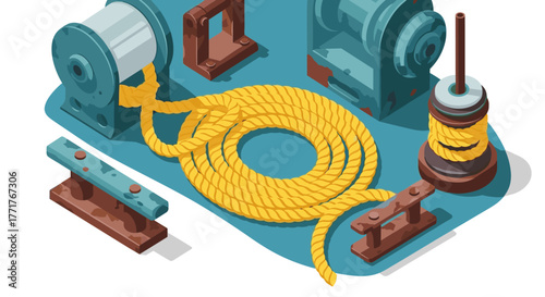Isometric nautical equipment with winding rope and winch on deck