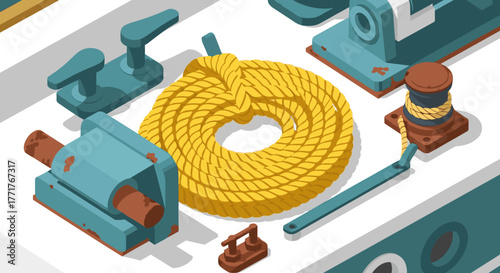 Nautical equipment on a boat with yellow rope in isometric style