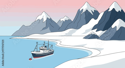 Serene landscape with fishing boat and snowy mountains at sunrise