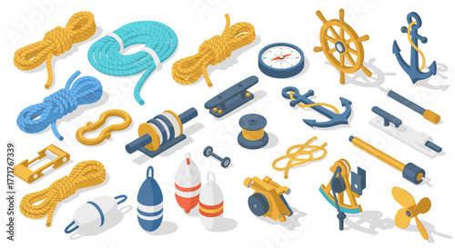 Nautical equipment in isometric style with anchors, ropes, and steering wheels