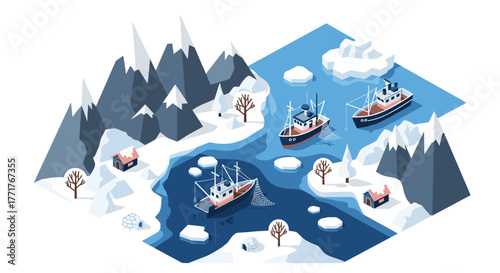 Winter isometric landscape with fishing boats and snowy mountains