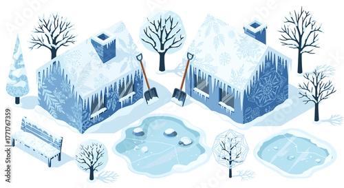 Winter scene with snowcovered houses and icy ponds