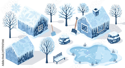 Winter wonderland landscape with frosty houses and snowy trees in isometric style
