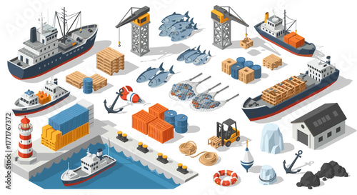 Isometric maritime shipping elements with cargo ships, containers, and cranes