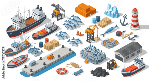 Isometric fishing port elements with boats, cranes, and seafood containers