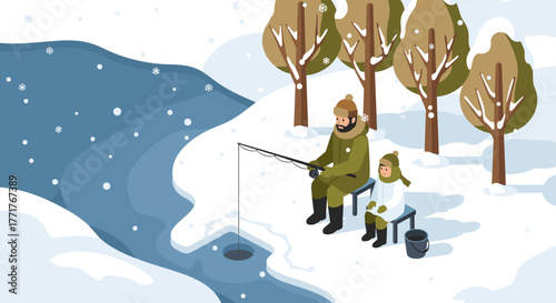 Father and child ice fishing by a snowy river in winter wonderland scene